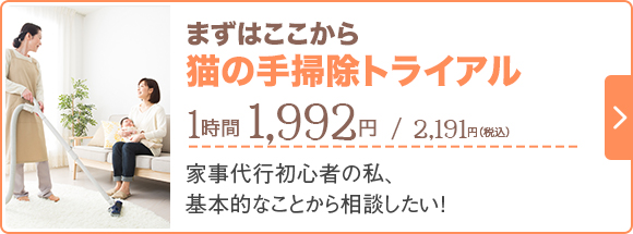 まずはここから猫の手トライアル 4,980円(税抜)/ 2.5時間 / 家事代行初心者の私、基本的なことから相談したい!