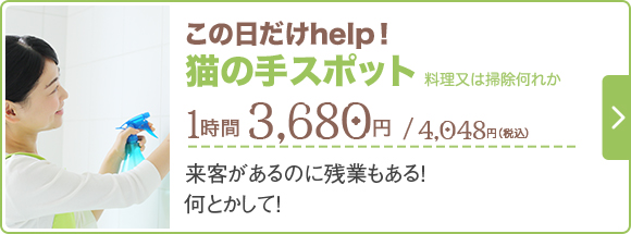 この日だけhelp!猫の手スポット 3,680円(税抜)/ 1時間 / 来客があるのに残業もある!何とかして!
