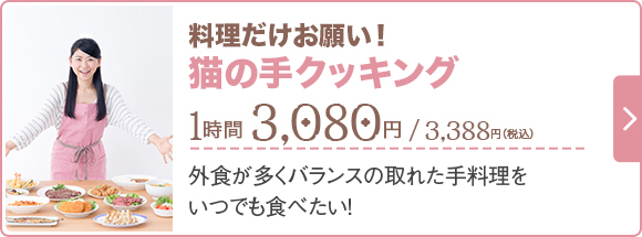 料理だけお願い!猫の手クッキング 2,980円(税抜)/ 1時間 / 外食が多くバランスの取れた手料理をいつでも食べたい!